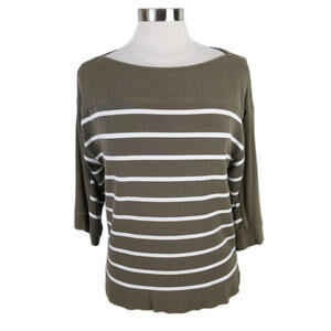 Lauren Ralph Lauren Womens 3/4 Sleeve Boat Neck Army Green Striped Blouse Small